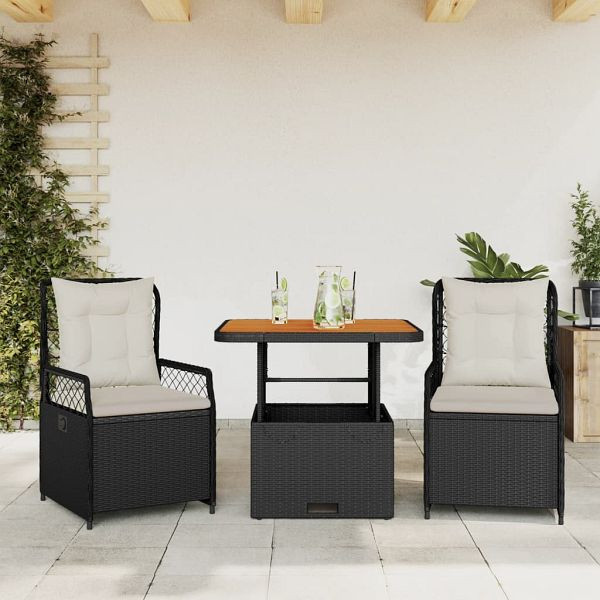vidaXL 3-teilig Garten-Essgruppe mit Kissen Schwarz Poly Rattan, 3262910