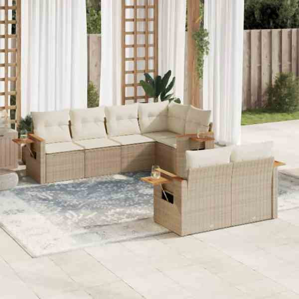 vidaXL 7-tlg. Garten-Sofagarnitur mit Kissen Beige Poly Rattan, UV-beständig, 3226982