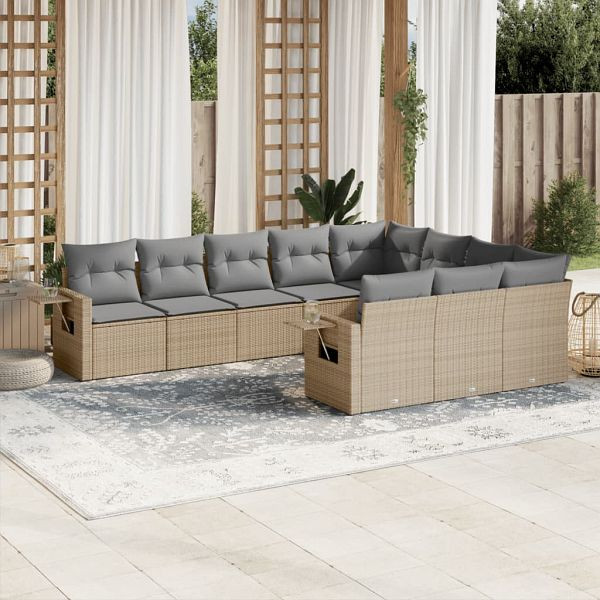 vidaXL 10-teilig Garten-Sofagarnitur mit Kissen Beige Poly Rattan, 3220688