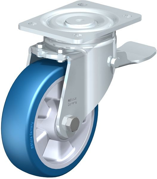 Blickle LH-ALBS 160K-ST Stahlblech-Lenkrolle, Schwerlast-Ausführung, mit Anschraubplatte & Feststeller, Blickle Besthane® Soft, Blau, 741089