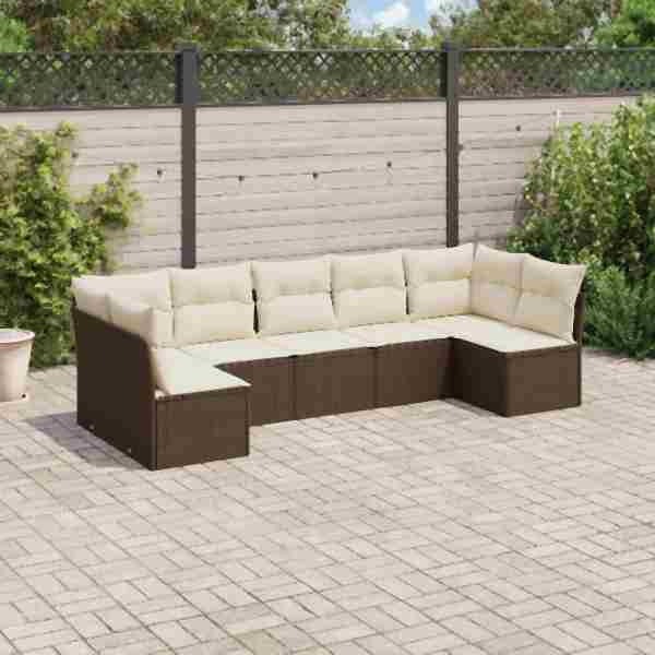 vidaXL 7-tlg. Garten-Sofagarnitur mit Kissen Braun Poly Rattan, UV-beständig, 3249272
