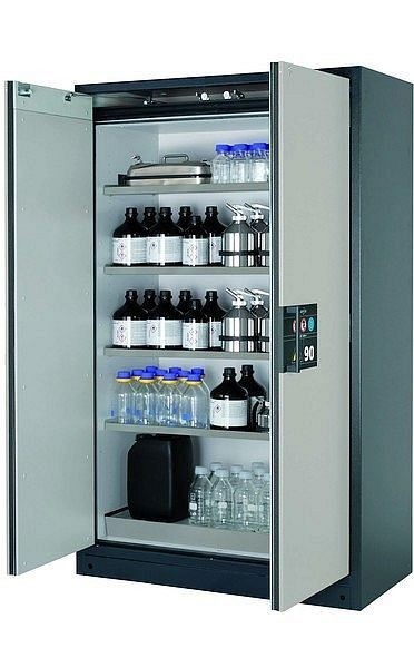 asecos Sicherheitsschrank Q-CLASSIC-90, Q90.195.120 in lichtgrau RAL 7035 mit 4x Fachboden (Edelstahl), 30001-041-30009