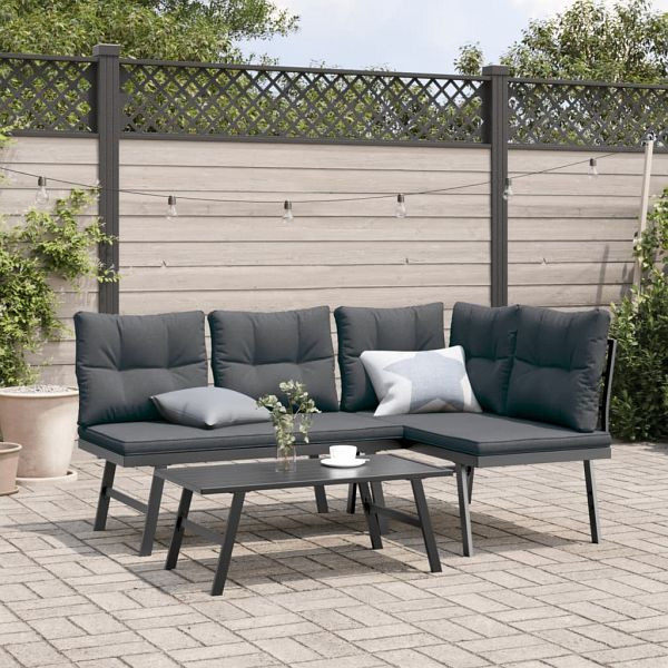 vidaXL Gartenbänke mit Kissen 2 Stück Schwarz Pulverbeschichteter Stahl, 4008105