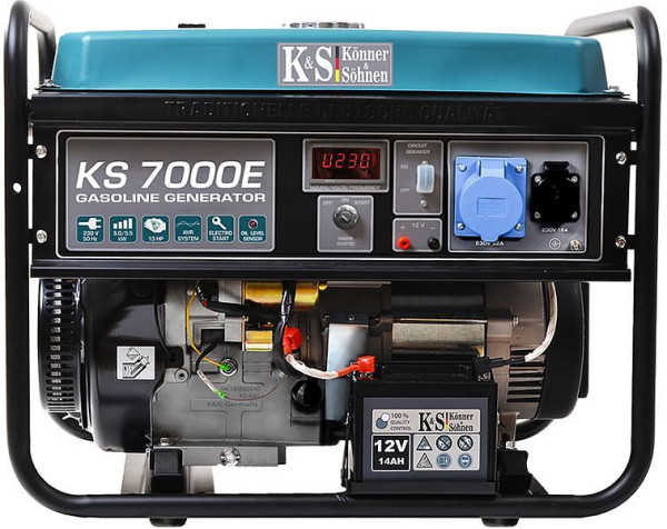 Könner & Söhnen 5500W Benzin E-start Stromerzeuger, 1x16A(230V)/1x32A(230V), 12V, Voltregler, Ölmangelsicherung, Überspannungsschutz, Anzeige, KS 7000E