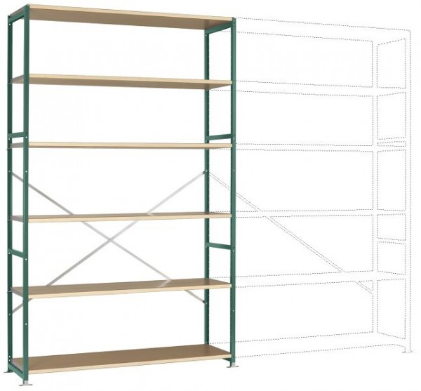 Manuflex Großfach-Steckregal Grundregal mit 6 Holzverbundböden, HxBxT = 2500 x 1530 x 600 mm, graugrün, RP1343.0001