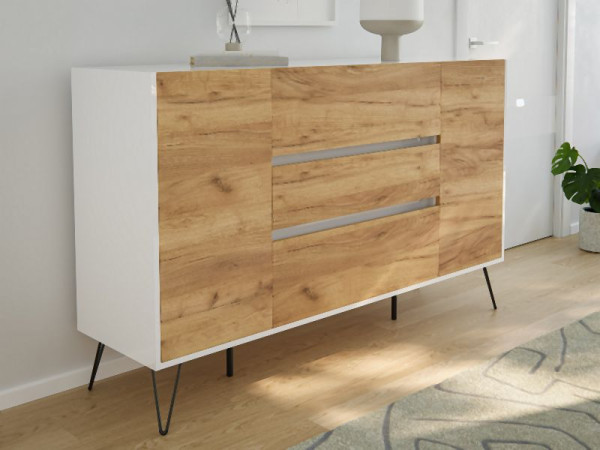Posseik Sideboard Industrial O 155cm 3 Schubladen 2 Türen Weiß/Eiche Front, PN2092X0000034DE