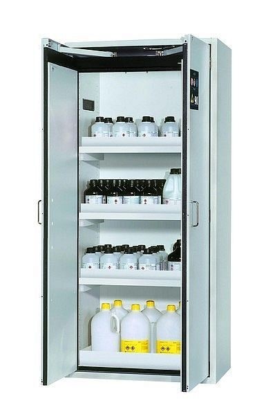 asecos Sicherheitsschrank S-CLASSIC-90, S90.196.090.WDAS in lichtgrau RAL 7035 mit 3x Wannenboden Standard (Polypropylen), 30205-001-30216