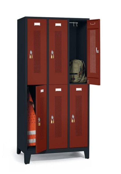 Deskin Doppelstöckiger Spind mit Füßen, Rubinrot RAL 3003, 870 x 500 x 1800 mm, 6 Abteile, Korpus: Anthrazit RAL 7021, 346936