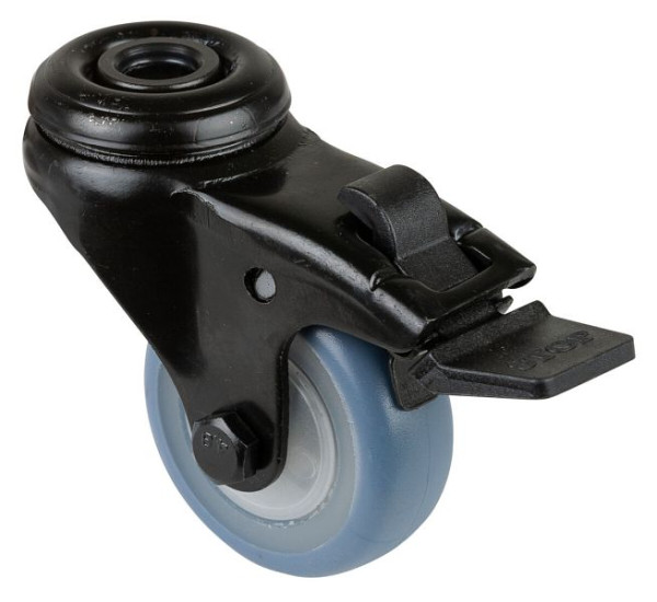 BS Rollen Lenkrolle mit Feststeller schwarz, thermoplastisches Gummirad hellblau, Kugellager, Rückenloch, Durchmesser: 50 mm, VE: 8 Stück, A821.A85.050.05