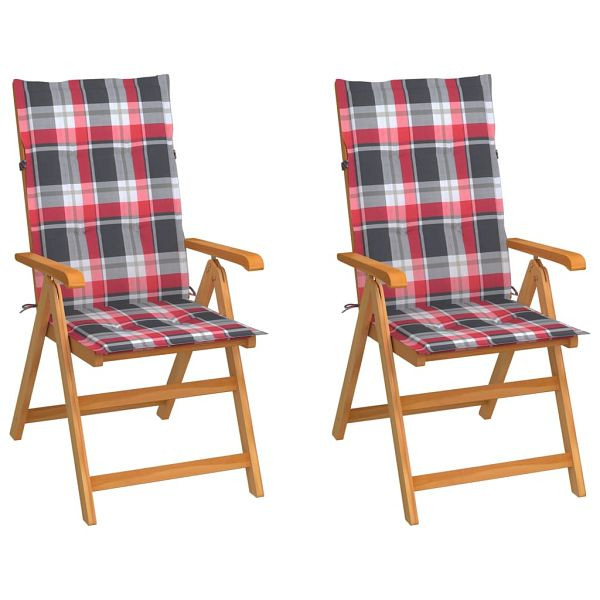 vidaXL Gartenstühle 2 Stück Rote Karomuster Kissen Massivholz Teak, 3062389