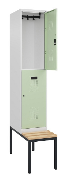 C+P Doppelstock-Spind Evolo PLUS, Bank, 2 Fächer, 2120x400x815mm, 9016/6019, Zylinderschloss, Sitzfläche Buche-Hartholz, Sitzbank, 0493507-12 S10046