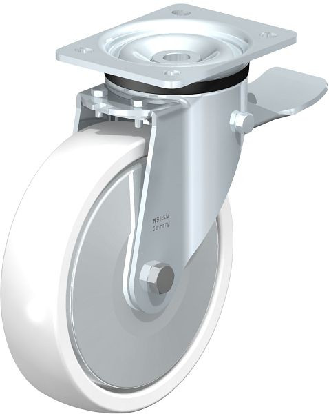 Blickle LK-SPO 201K-ST-FA Stahlblech-Lenkrolle, schwere Ausführung, mit Anschraubplatte & Feststeller, Polyamid, Weiß, 295394