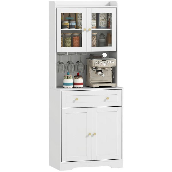 HOMCOM Küchenschrank mit Arbeitsfläche, Weinglashalter, Vorratsschrank für Küche, Esszimmer, 170 cm, MDF, Glas, Weiß, 83A-373V90WT