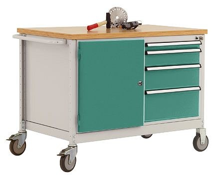 Manuflex Mobile Werkbank Modell 4 mit geölter Multiplex-Abdeckplatte 30 mm BxTxH 1135 x 590 x 810 mm, graugrün, TP1004.0001