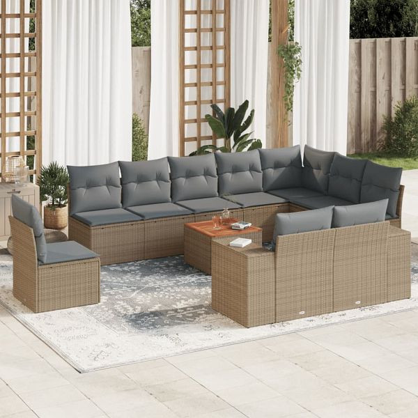 vidaXL 11-tlg. Garten-Sofagarnitur mit Kissen Beige Poly Rattan, 3257830