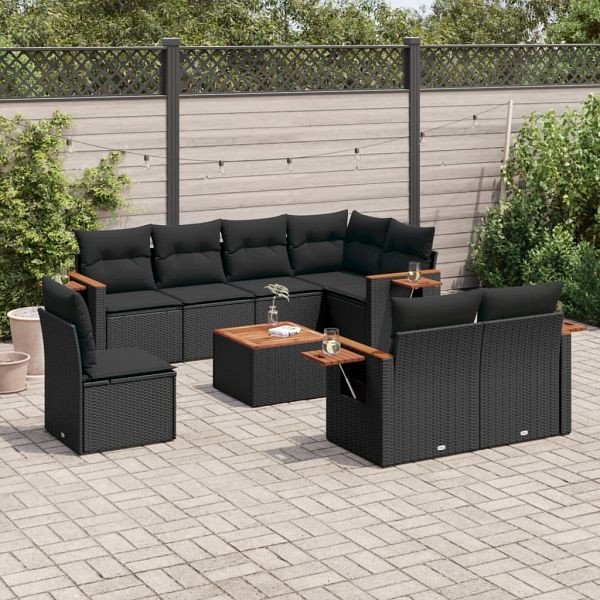 vidaXL 9-tlg. Garten-Sofagarnitur mit Kissen Schwarz Poly Rattan, 3227007