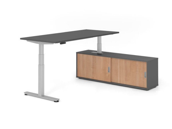 Hammerbacher Schreibtisch XDSM19, 180x80cm, Platte: Graphit, T-Fuß Gestell Silber, Höhe: 63 - 127 cm, Graphit / Nussbaum, VXDSM19SB/G/S/G/N