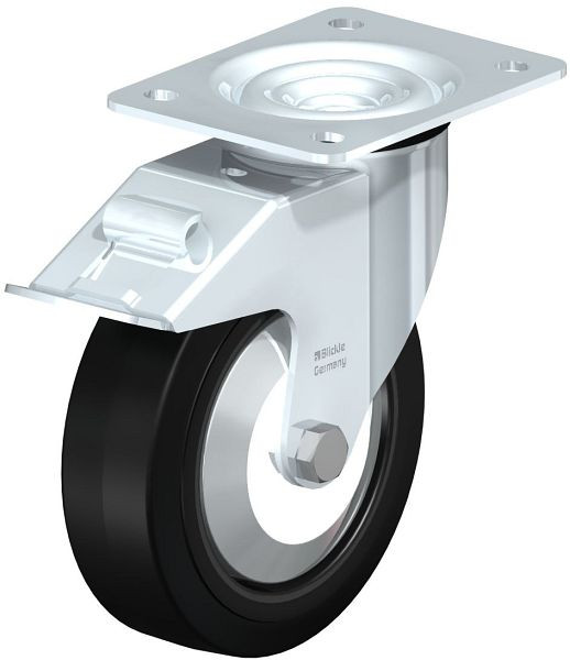 Blickle LE-POEV 160R-FI-FA Stahlblech-Lenkrolle mit Anschraubplatte & Feststeller, Elastik-Vollgummi, Schwarz, 476705