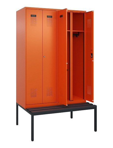 C+P Schwarz-Weiß-Spind Evolo PLUS, Bank, 4 Abteile, 2120x1200x815mm, 2004/2004, Zylinderschloss, Sitzfläche Kunststoff, Sitzbank, 0490527-40 S10103