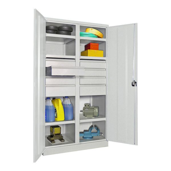 Pavoy Schwerlastschrank 1950/1040/630, Trennwand, 6 gepulverte Fachböden, 8 Schubladen, Flügeltüren, Drehgriff mit Zylinderschloss, 36366-104-004-910