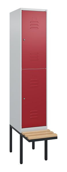 C+P Doppelstöckiger Spind Classic PLUS, 2120x400x815mm, 7035/3003, Zylinderschlösser, Sitzleisten aus Buche, schwebende Sitzfläche, 0803407-12 S10091