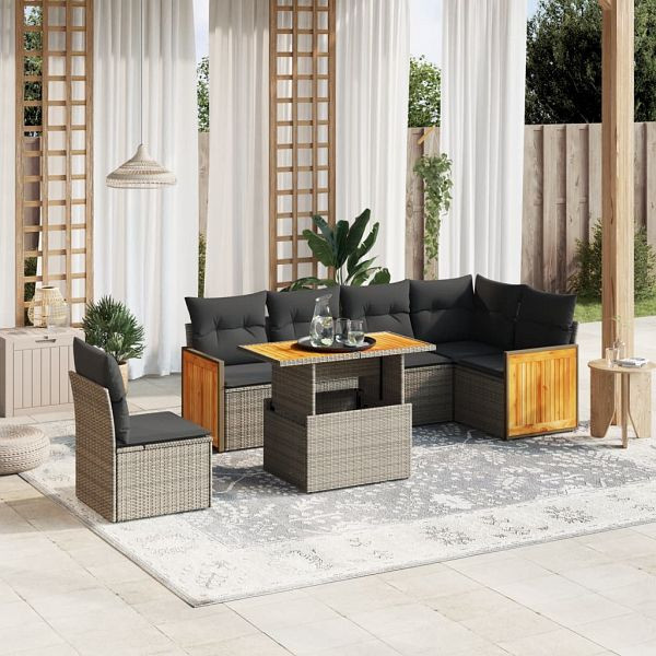vidaXL 7-teilig Garten-Sofagarnitur mit Kissen Grau Poly Rattan, 3273986