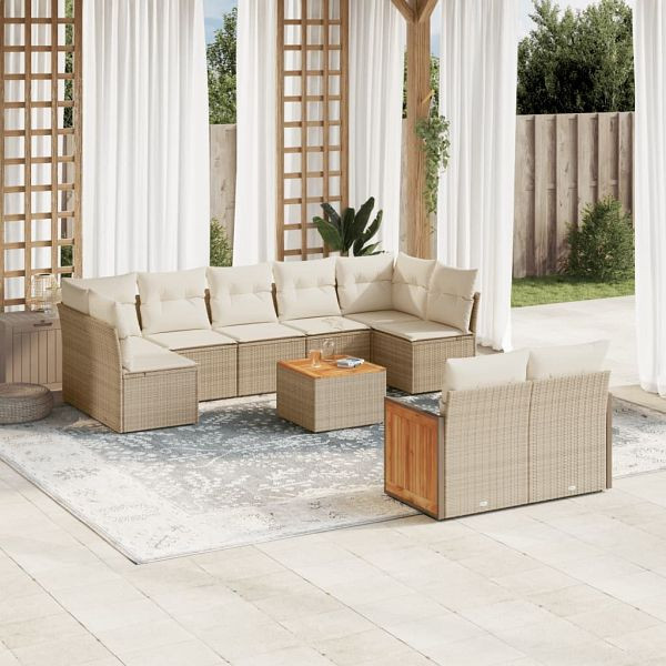 vidaXL 10-teilig Garten-Sofagarnitur mit Kissen Beige Poly Rattan, 3227976