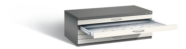C+P Flachablageschrank Serie 7100_7200, H420xB1100xT765mm, Farbe: Vulkangrau / Perlweiß, Bügelgriff, 7100-000 S10176