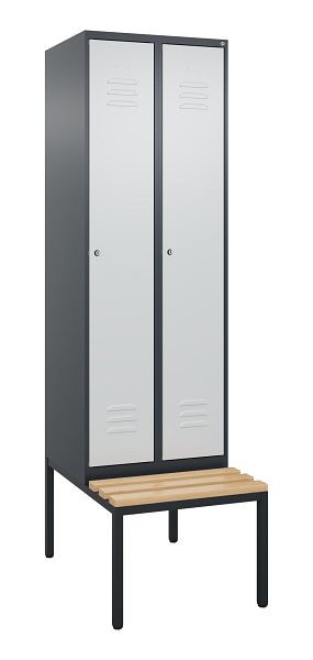 C+P Umkleidespind Classic PLUS mit Mitteltrennwand, Bank, 2 Abteile, 2120x600x815mm, 7016/7035, Zylinderschlösser, Buche-Sitzleisten, 0800507-20F S10057