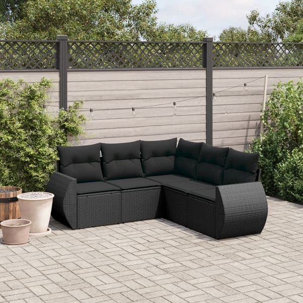 vidaXL 5-teilig Garten-Sofagarnitur mit Kissen Schwarz Poly Rattan, 3221344