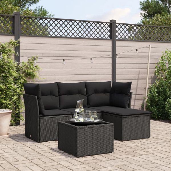 vidaXL 5-teilig Garten-Sofagarnitur mit Kissen Schwarz Poly Rattan, 3217545