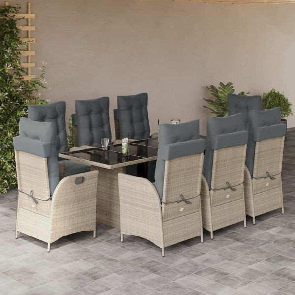 vidaXL 9-teilig Garten-Essgruppe mit Kissen Hellgrau Poly Rattan, 3213363