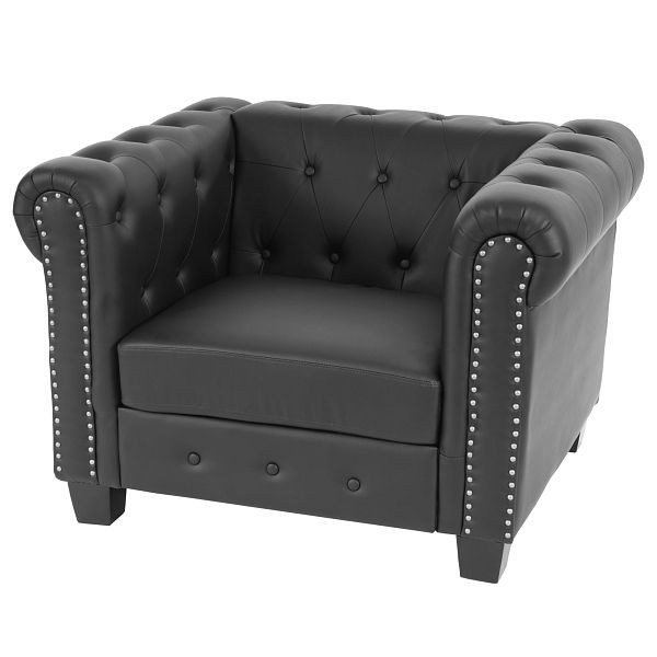 Mendler Luxus Sessel Loungesessel Relaxsessel Chesterfield Kunstleder, eckige Füße, schwarz, 31955+32605+31957