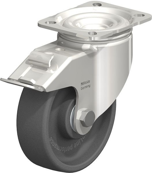 Blickle LIKX-POHI 125HXK-1-FI Hitzebeständige Edelstahl-Lenkrolle mit Anschraubplatte & Feststeller, Polyamid, Grau, 754696