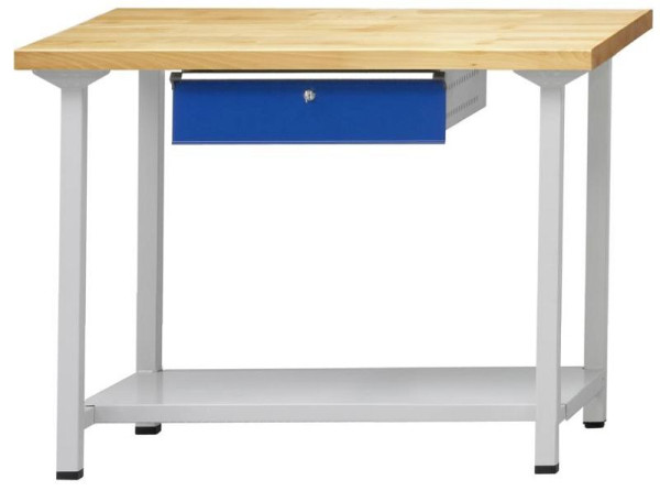 ANKE Werkbänke Arbeitstisch; 1270x800x890 mm; RAL 7035/5010; Buche-Massiv-Platte 40 mm; 1xHängeschublade; 1xAblageboden aus Stahlblech 600 mm tief, 401.149