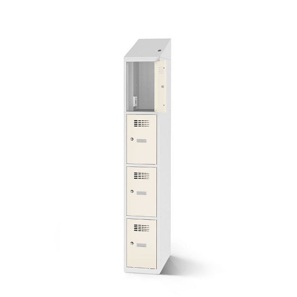 Rotstahl Fächerschrank, 4 Fächer, kurzer Sockel, mit Ladefunktion, Schrägdach, Korpus: lichtgrau, Türen: reinweiß, 2180-010400-0301112-7035-9010