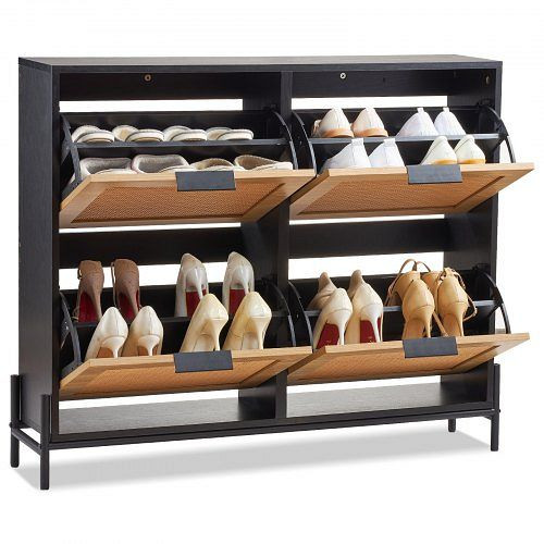 VEVOR Schuhschrank aus Rattan mit 4 Klappschubladen, Metallbeinen, ideal für Flur Diele in heller Holzfarbe, FCTBXJ4C3744YMK5GV0
