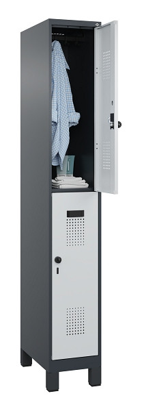C+P Doppelstöckiger Spind Evolo PLUS, mit Füßen, 2 Fächer, 1950x300x500mm, 7016, Frontfarbe RAL 7035 Lichtgrau, Drehriegel, 049310-10 S10017