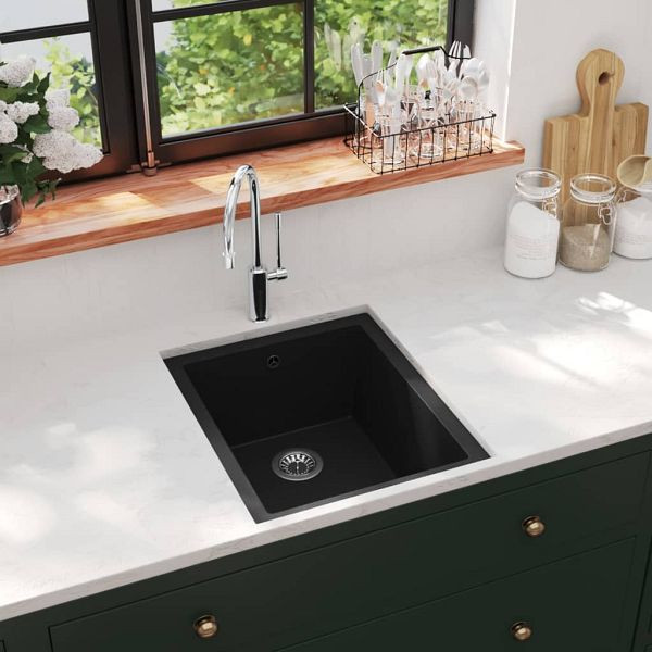 vidaXL Küchenspüle mit Überlauf Schwarz Granit, Material: 80 % Quarz, 20 % Harz, 147073