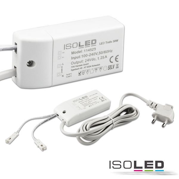ISOLED LED Trafo MiniAMP 24V/DC, 0-30W, 200cm Kabel mit Flachstecker, sekundär 2 female Buchsen, 114529