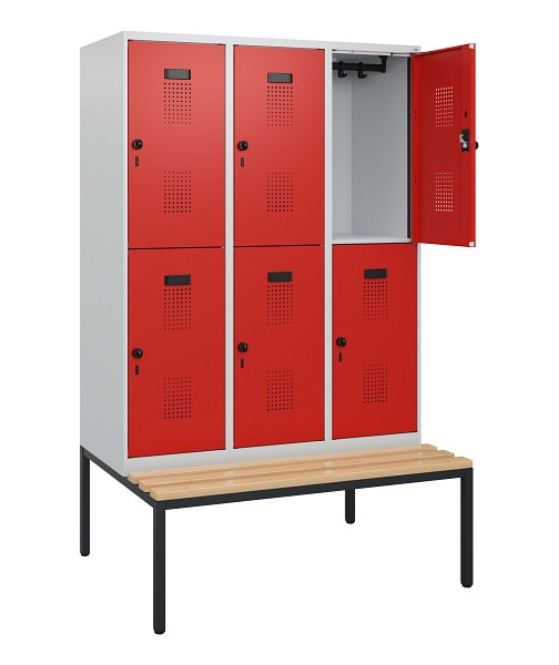 C+P Doppelstöckiger Spind Evolo PLUS, Bank, 6 Fächer, 1950x1200x815mm, 7035/3020, Drehriegel, Sitzfläche Buche-Hartholz, Sitzbank, 0493505-32 S10005