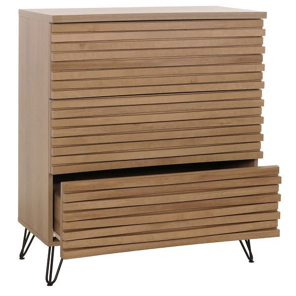 Mendler Kommode HWC-M49, Sideboard Schrank Highboard, 3D-Design 3 Schubladen MDF Metall 94x80x45cm, natur, 105448+105449