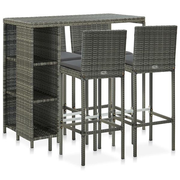 vidaXL 5-tlg. Gartenbar-Set mit Kissen Poly Rattan Grau, 3064919