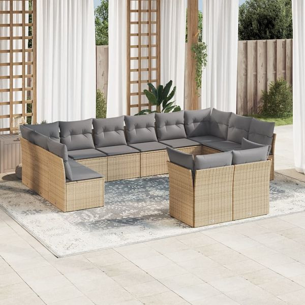 vidaXL 12-tlg. Garten-Sofagarnitur mit Kissen Beige Poly Rattan, 3250268