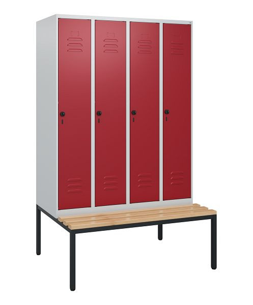 C+P Umkleidespind Classic PLUS, mit untergebauter Sitzbank, 4 Abteile, 1950x1200x815mm, 7035/3003, Drehriegel, Buche-Sitzleisten, 0800505-40 S10001