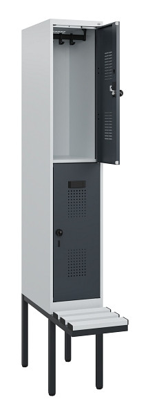 C+P Doppelstock-Spind Evolo PLUS, Bank, 2 Fächer, 1950x300x815mm, 7035/7016, Drehriegel, Sitzfläche Kunststoff, 0493405-10 S10104