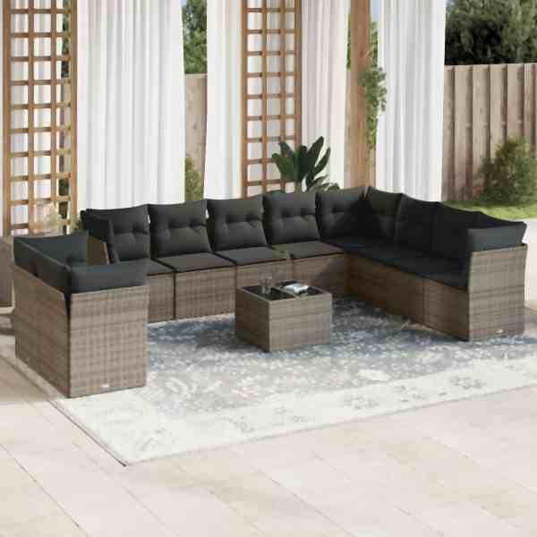 vidaXL 11-tlg. Garten-Sofagarnitur mit Kissen Grau Poly Rattan, UV-beständig, 3249709