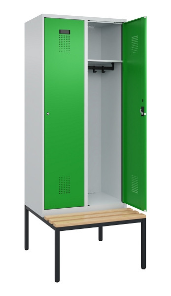 C+P Spind Evolo PLUS, 2 Abteile, 2120x800x815mm, 7035/6037, Haken 4, Zylinderschloss, Sitzfläche Buche-Hartholz, Sitzbank, 0490507-22 S10038