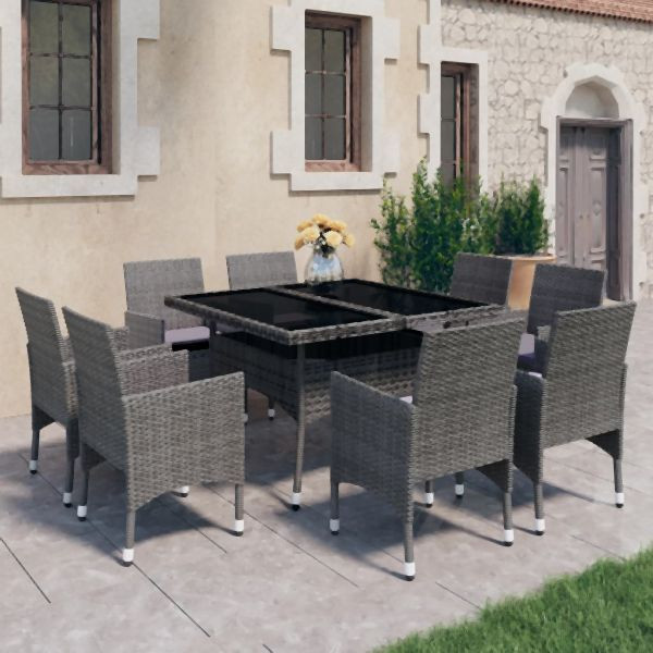 vidaXL 9-tlg. Garten-Essgruppe Poly Rattan und Glas Grau, 3058339