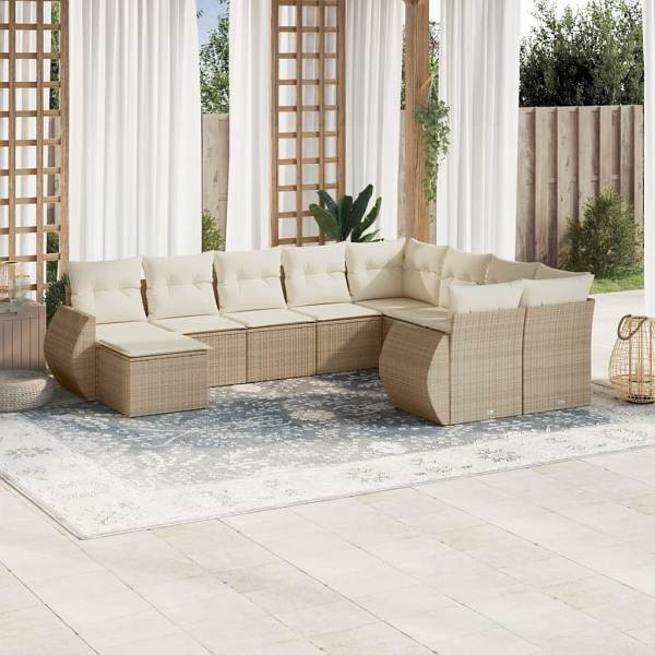 vidaXL 10-tlg. Garten-Sofagarnitur mit Kissen Beige Poly Rattan, UV-beständig, 3221857